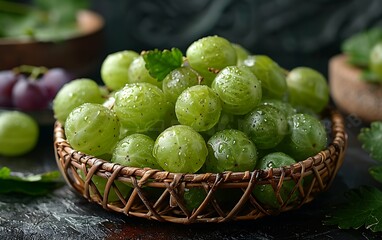 fresh green grapes in wooden basket
