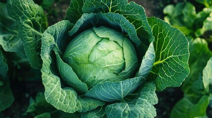 Fototapeta premium Top view of a vibrant green cabbage head, its leaves unfurling in a healthy vegetable garden.
