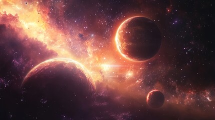 A breathtakingly vivid space scene showcasing multiple planets illuminated by a radiant nebula. The...