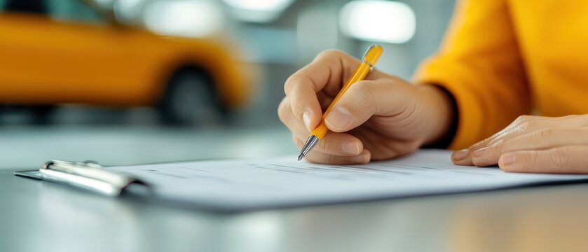 Close-up of a hand filling out a form with a pencil on a clipboard. Focus on hand and pencil, with blurred background. Wearing yellow sleeve.