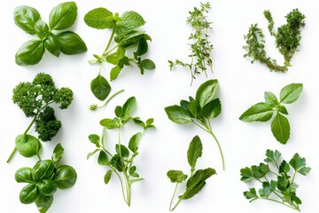 Obraz premium Fresh herbs set isolated, parsley, basil leaves, thyme, mint seasoning, raw green condiment sprig collection