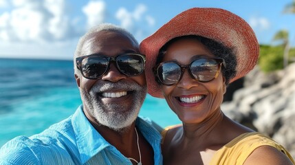 Obraz premium A man and woman are smiling for the camera on a beach