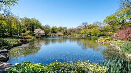 Fototapeta premium Serene Pond with Blooming Flowers in Springtime Garden