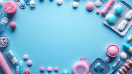 Top view of various medicines and drugs on blue background with copy space