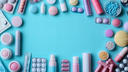 Contraceptive items and informational materials arranged on blue backdrop, symbolizing World Contraception Day