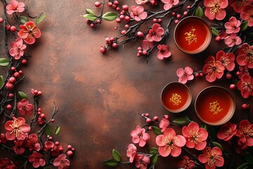 Beautifully arranged pink blossoms and tea cups on rustic background, happy Chinese Lunar new year