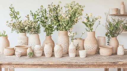 Fototapeta premium Rustic Farmhouse Decor with Handcrafted Pottery Vases and Flowers