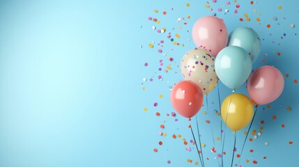 Colorful Balloons and Confetti on Blue Background