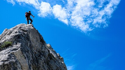 An unwavering conqueror revels in victory atop a rugged peak, symbolizing strength and aspiration beneath a pristine sky.