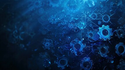 Obraz premium Abstract Blue Digital Technology Background with Gears and Cogs, Dark Color Palette – Generative AI