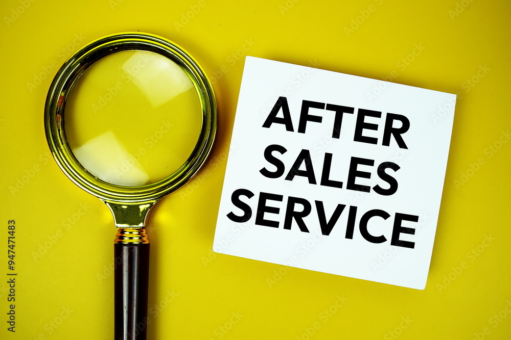 Poster after sales service text message written on paper note with magnifying glass top view on yellow back