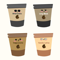 Coffee pack collection in kawaii style. Suitable for flat design graphic illustration, clip art,  posters, stickers, cards, etc