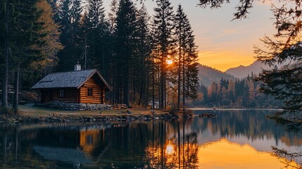 Fototapeta premium A charming timber retreat by a serene lake, encircled by towering evergreens, offers a tranquil sunset getaway.