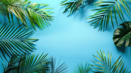 Tropical Leaf Frame on Blue Background