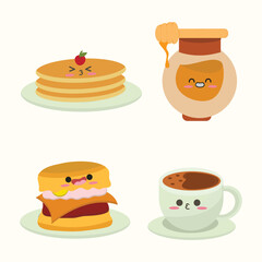 Set of breakfast elements in kawaii style. Flat hand drawn pancake, honey, egg mcmuffin, hot chocolate. Suitable for flat design graphic illustration, clip art, stickers, posters, stickers