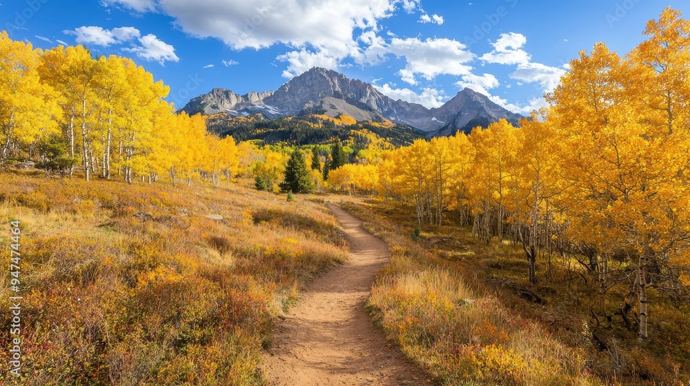 Canvas Prints scenic autumn hiking trail in the mountains with golden aspens