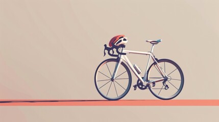 Fototapeta premium A white bicycle with a helmet on top sits on a red line in front of a light brown background, ready for a ride