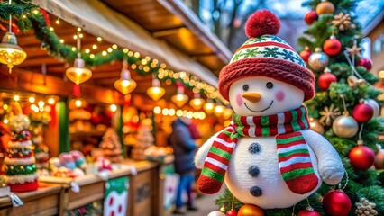 Fototapeta premium Snowman Toy Decoration at Christmas Market with Large Empty Space for Text. Perfect for: Christmas, Winter Markets, Holiday Decor