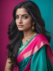 Fototapeta premium Woman in vibrant pink and teal saree with flowing hair 