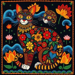 Obraz premium Pattern with cat, Abstract painting, cat pattern, flower ornament pattern.seamless pattern with cat and flowers