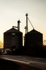 grain elevator at sunset