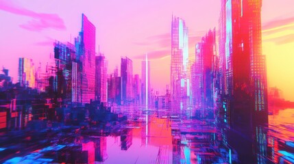 Obraz premium Neon Cityscape at Sunset