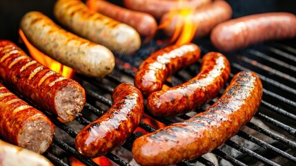 Closeup of Grilled Sausages on BBQ Grill