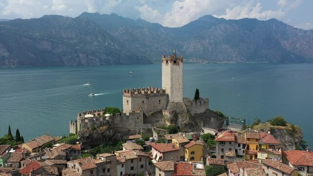 Aerial view of the medieval castle in the town of Malcesine on Lake Garda, Italy on a sunny summer day