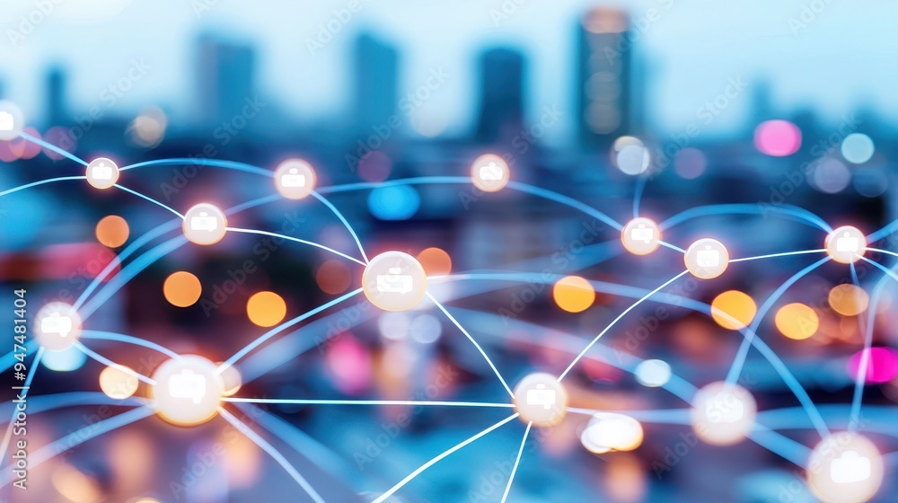 Poster network connection abstract city skyline background digital communication global network connected w