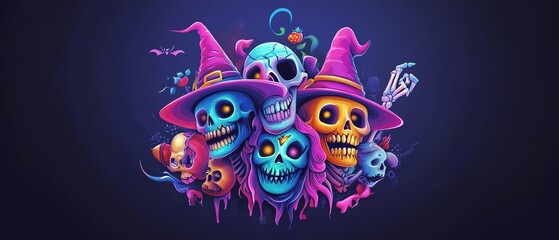 Obraz premium A vibrant collection of colorful skulls wearing witch hats, perfect for Halloween-themed designs and festive celebrations.