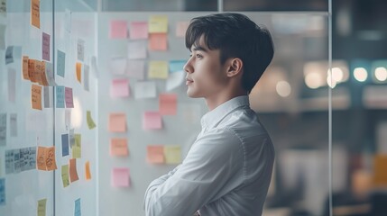 An Asian man stands with her arms crossed, focused on a brainstorming session in a modern office. Colorful sticky notes cover the background, highlighting a creative and strategic planning process