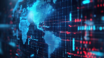 Fototapeta premium Futuristic digital world map with glowing blue and red grid lines, representing data and technology.