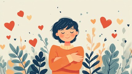Illustration of a woman embracing herself, surrounded by hearts and flowers, symbolizing self-love and acceptance.
