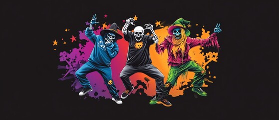 Vibrant skeleton figures in colorful outfits celebrate with energetic dance moves against a bold backdrop.