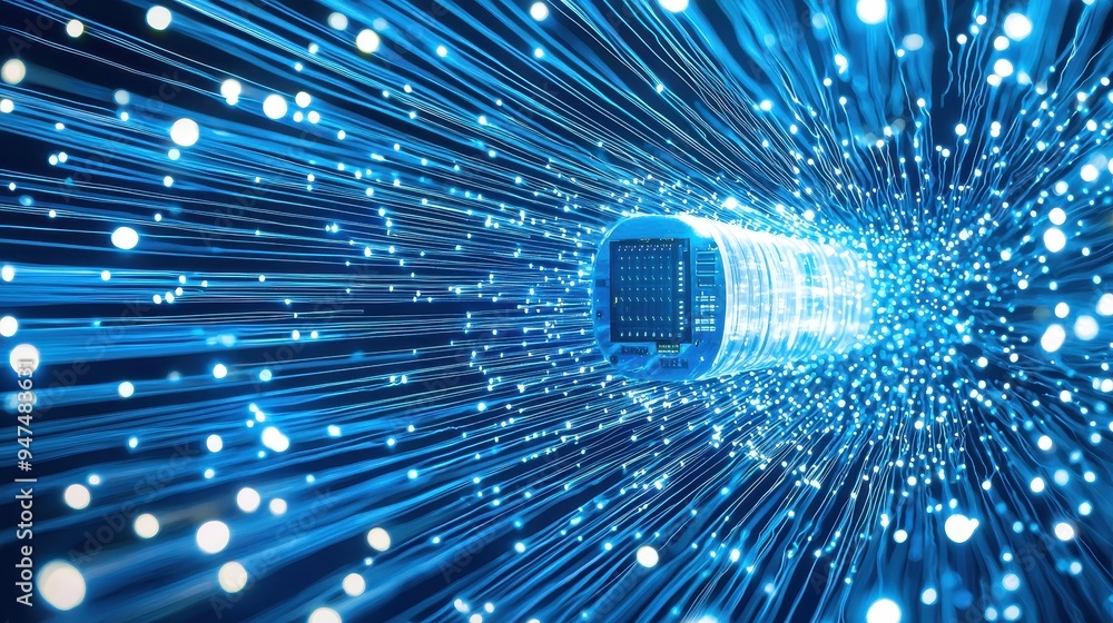 Aufkleber abstract blue lights and data server in tunnel technology and network concept