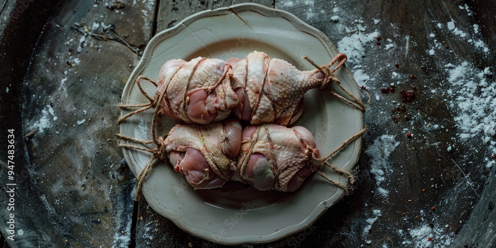 Poster high-resolution image of uncooked chicken drumsticks tied with twine on a dish