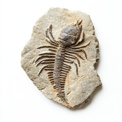 Close-up of Redlichiida Fossil from the Cambrian Period on Textured Stone, Featuring Intricate Fossilization Patterns, Isolated on White Background, Ideal for Educational Resources