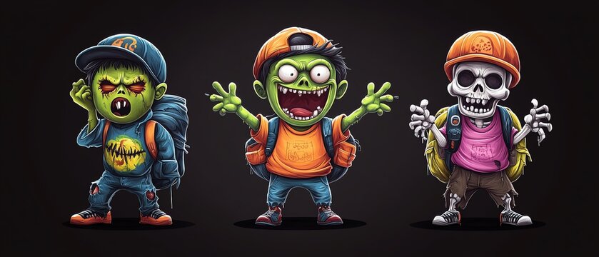 Three playful cartoon monsters wear backpacks and show unique expressions against a dark background, perfect for Halloween themes.