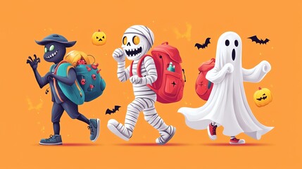 Three playful Halloween characters in costumes walking with backpacks on an orange background, perfect for festive illustrations.