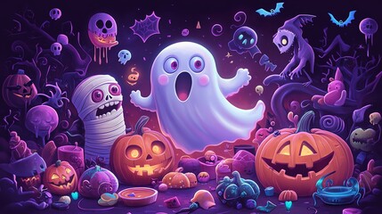 A whimsical Halloween scene featuring a friendly ghost, carved pumpkins, and playful creatures in a colorful spooky setting.