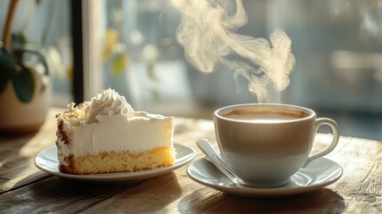 A Cup of Coffee and Slice of Cake on a Wooden Table