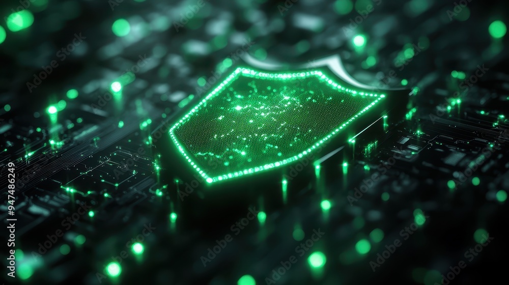 Poster cyber security concept - digital shield with green highlights for robust data protection on black ba