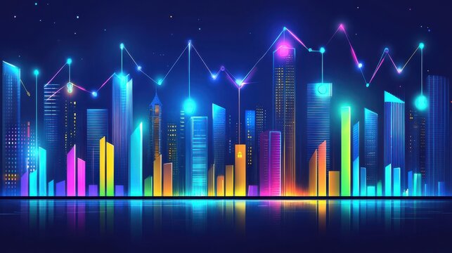 Futuristic city skyline with colorful bar charts and line graphs against a night sky.