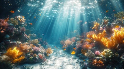 Obraz premium Underwater Coral Reef with Sunbeams