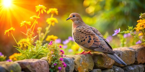 Softly perched, the Ground Dove's feathers shaded by the sun's golden light, delicate beak whispering secrets amidst wildflowers, serene and intimate nature.