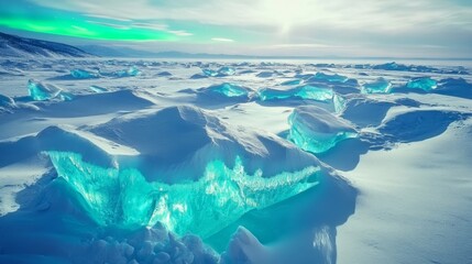 Fototapeta premium Beautiful winter landscape of frozen Lake Baikal with Aurora Borealis - Snowy ice hummocks with transparent blue piles of ice - Baikal Lake, Siberia