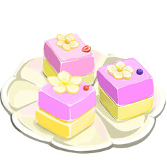 Three pink and yellow cakes with flowers on a plate illustration