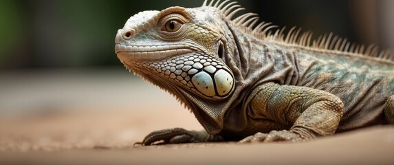 Close-up of a Green Iguana with a Blurred Background