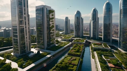 Obraz premium Futuristic Cityscape with Eco-Skyscrapers and Smart Transport
