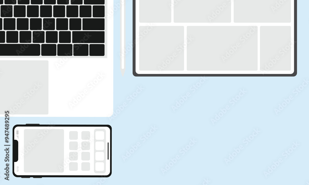 Poster modern technology device on working place, workspace with elements on desk top view.